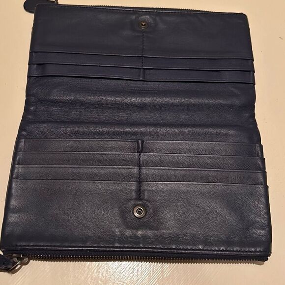 Bottega Veneta Double Zipper Foldover Clutch Wallet Navy Blue Woven Leather - Picture 3 of 14